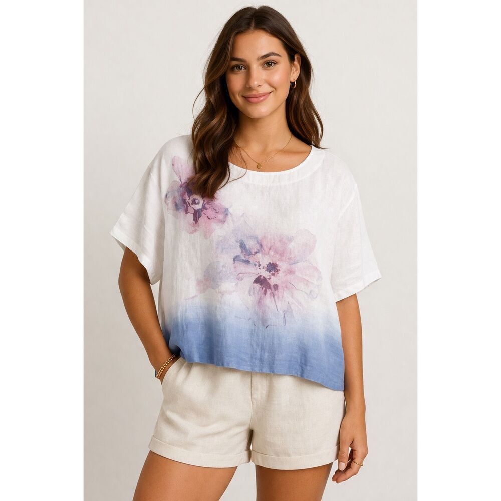 Pure Jill Linen Floral Ombré Boxy Top Women’s Small Oversized